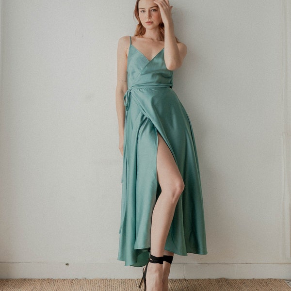 Jaelyn Dark Mint Satin Wrap Dress / Ankle Length Slip Dress / Long Slip Dress