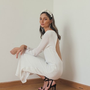 Rosalyn Tea Length White Dress / Open back Dress / Long Sleeves Backless Midi Dress