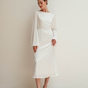 Carmen Tea Length Dress / Midi Long Sleeves Dress / Minimalist Satin Dress