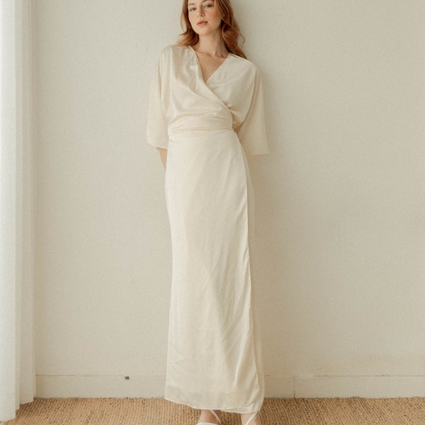 Sicily Ivory Satin Wrap Dress - Floor Length Wedding Wrap - Kimono Sleeves Ivory Wrap Dress