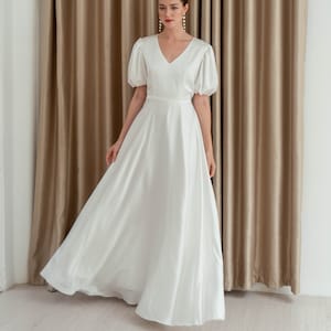 Antonella Floor Length Dress / Puff Sleeves V-neck Dress / Simple Satin Wedding Dress