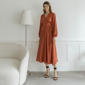 Mavis Terracotta Wrap Dress / Long Sleeves Satin Wrap Dress / Tea Length Puff Sleeves Dress