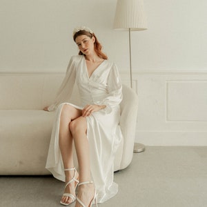 Caroline Cream White Long Sleeves Dress / Floor length Satin Dress / Button detail Simple Wedding Dress image 1