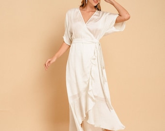 Julia Satin Wrap Dress / Satin Ruffle Wrap Dress / White Tea Length Wrap Dress