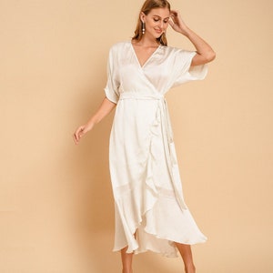 Julia Satin Wrap Dress / Satin Ruffle Wrap Dress / White Tea Length Wrap Dress Ivory