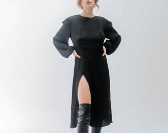 Violet Puff Sleeves Midi Dress/Midi Black Slit Dress/Sexy Silk Slit Dress