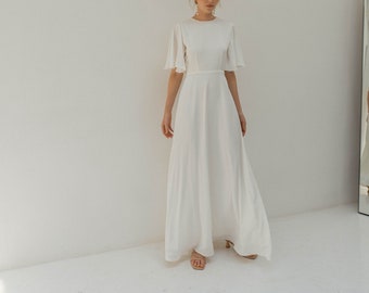 Adele Floor Length Dress / Satin Wedding Dress / Flutter Sleeves Dress