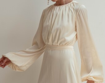Colette Cream White Floor Length Dress / Satin Wedding Dress / Flutter Sleeves Dress