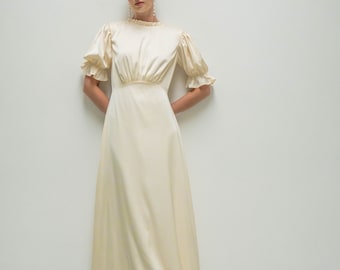 Ready to ship - Saedi Ivory Floor Length Dress with Sleeves / Satin Wedding Gown with High-neck Details