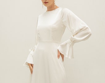 Aspen Cream White Floor Length Dress / Long Sleeves Satin Wedding Gown