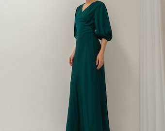 Harriet Hunter Green Puff Sleeves Dress / Wrap Dress Floor Length Dress