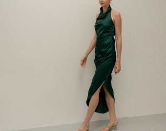 Ready to ship - Kailani Forest Green Halter Neck Dress - Open Back Tea Length Satin Dress