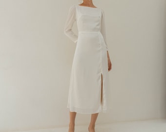 Coco Cream White Midi Dress  with Slit/ Tea length Satin Dress / Long Sleeves Midi Dress