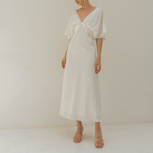 Lea Twisted Midi Dress / Tea Length White Dress / Long Sleeves Etsy