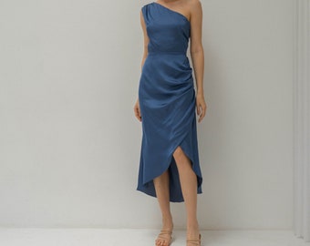 Ready to ship - Celeste Slate Blue Satin Midi Dress