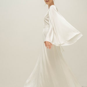 Agata Cream White Floor Length Dress / Angle Long Sleeves Satin Wedding Gown