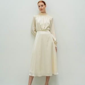 Whittany Tea length Dress with Long Sleeves Detail/ High Neck Satin Midi Dress