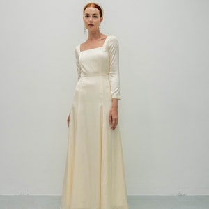 Lyanna Floor Length Square Neck Dress/ Long Sleeves Satin Gown/ Minimalist Wedding Dress