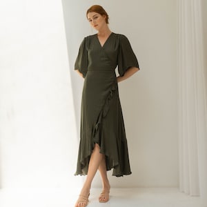Blanche Wrap Dress: Ruffle Tea Length, Flutter Sleeves