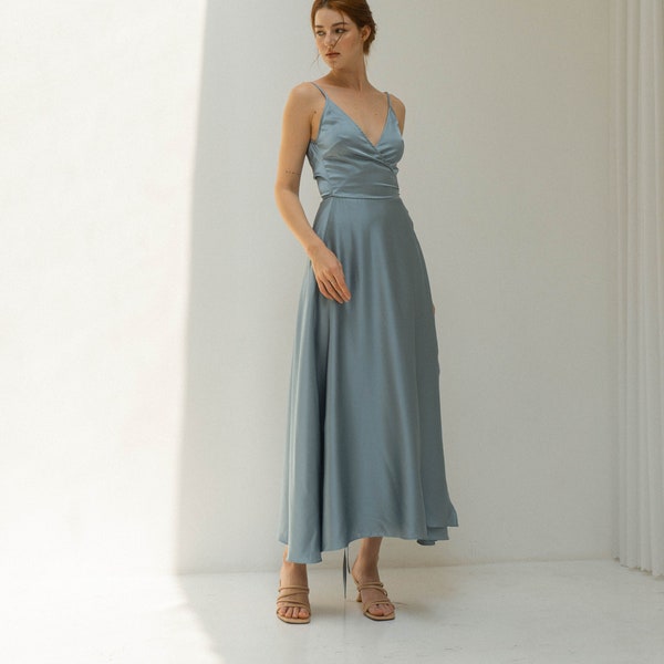 Jaelyn Dusty Blue Satin Wrap Dress / Ankle Length Slip Dress / Long Slip Dress