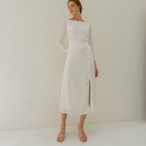 Coco Cream White Midi Dress  with Slit/ Tea length Satin Dress / Long Sleeves Midi Dress