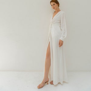 Lea Twisted Cream White Dress - Floor length White Dress - Long Sleeves Satin Wedding Dress
