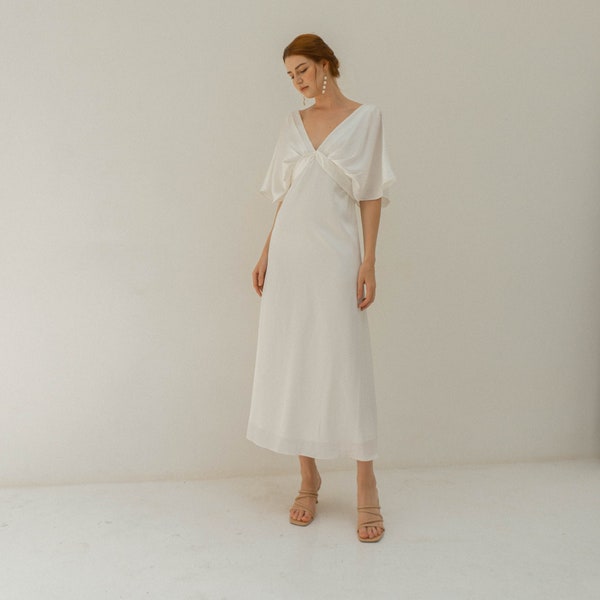 Esther Cream White Tea Length Dress / Empire waist Midi Satin Dress / Open Back Dress with Sleeves