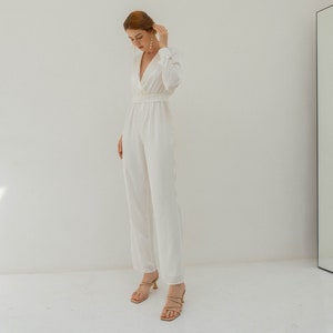 Ready to ship Olesia Cream White Satin Bridal Jumpsuit image 1