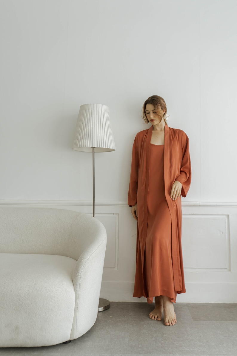Jolene Floor Length Loungewear / Robe and Night gown / Bridal Satin Sleepwear Set image 4