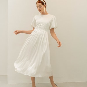 Peppa Tea Length Dress With Puff Sleeves Detail/ Pleated Designed Satin ...