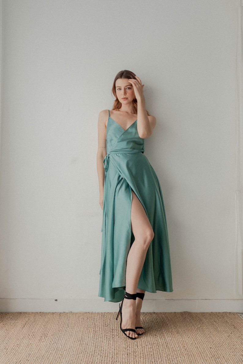 Jaelyn Dusty Blue Satin Wrap Dress / Ankle Length Slip Dress / - Etsy