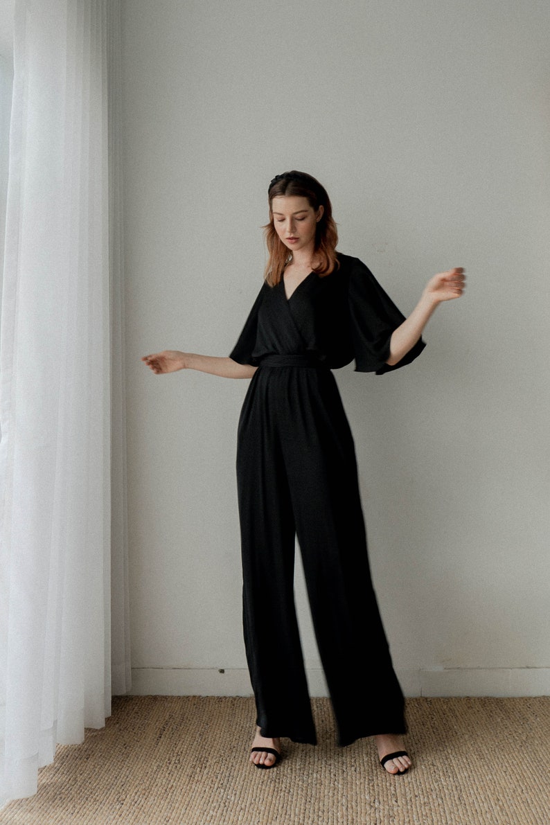 Ziggy Black Long Jumpsuit / Long Wide-legs Jumpsuit / Flutter Sleeves Silk Jumpsuit image 1