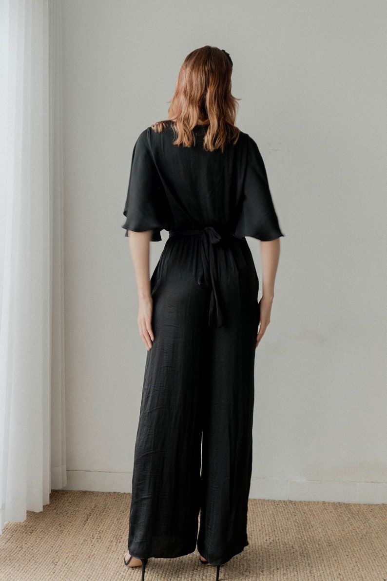 Ziggy Black Long Jumpsuit / Long Wide-legs Jumpsuit / Flutter Sleeves Silk Jumpsuit image 3