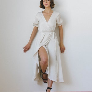 Charlene Deep V Neck Satin Wrap Dress Short Sleeves Wrap Dress