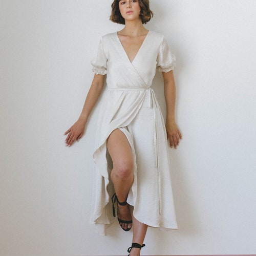 Charlene Deep V neck Satin Wrap Dress/ Short sleeves wrap dress/High low wrap dress