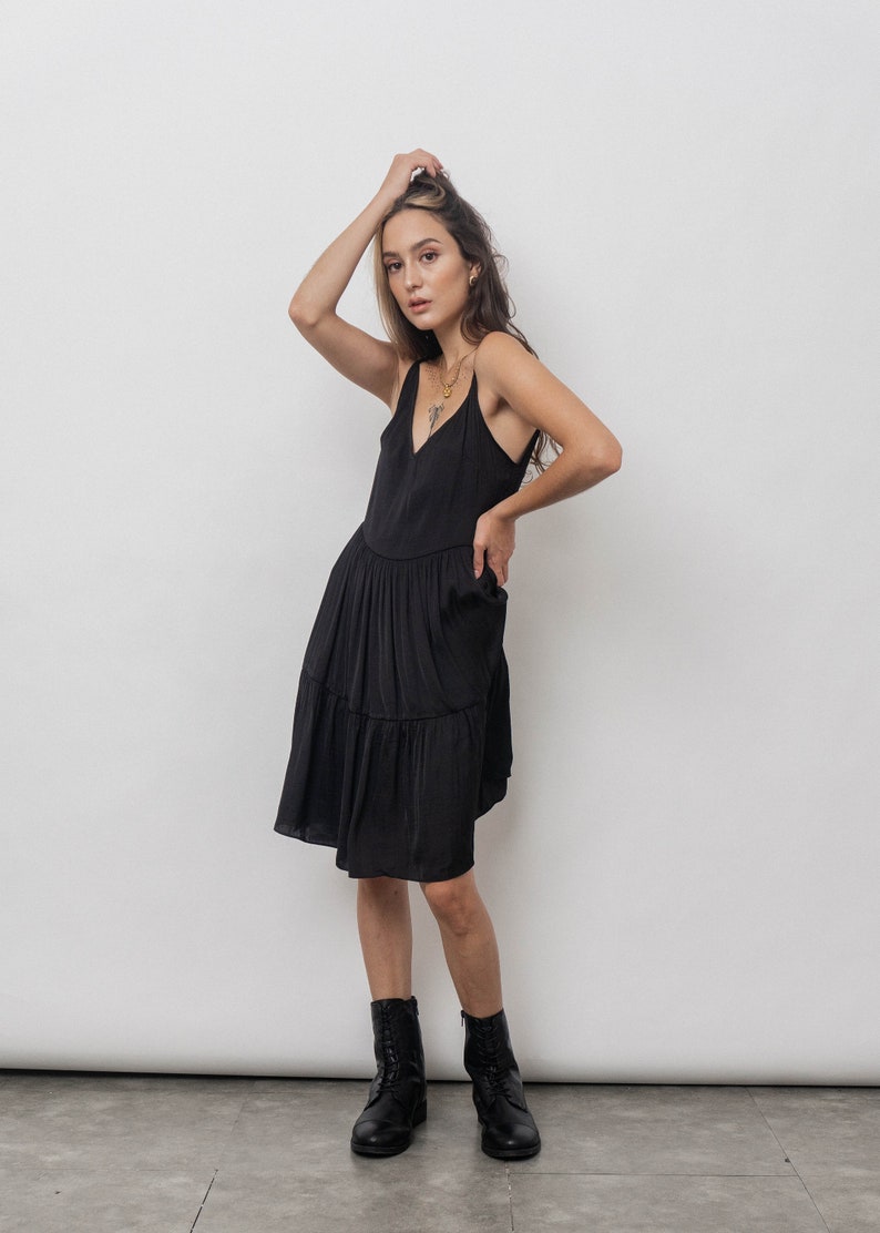 Dan Little Black Dress/Mini Slip Dress/Simple silk dress/ Silk smocked dress image 3