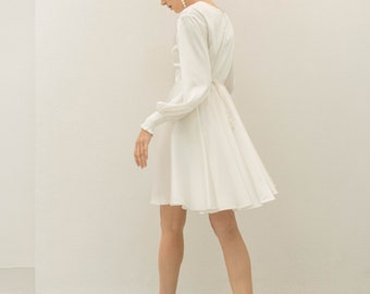 Darby Cream White Mini Dress - Short Wedding Dress with Long Sleeves - Satin Fit and Flare Dress