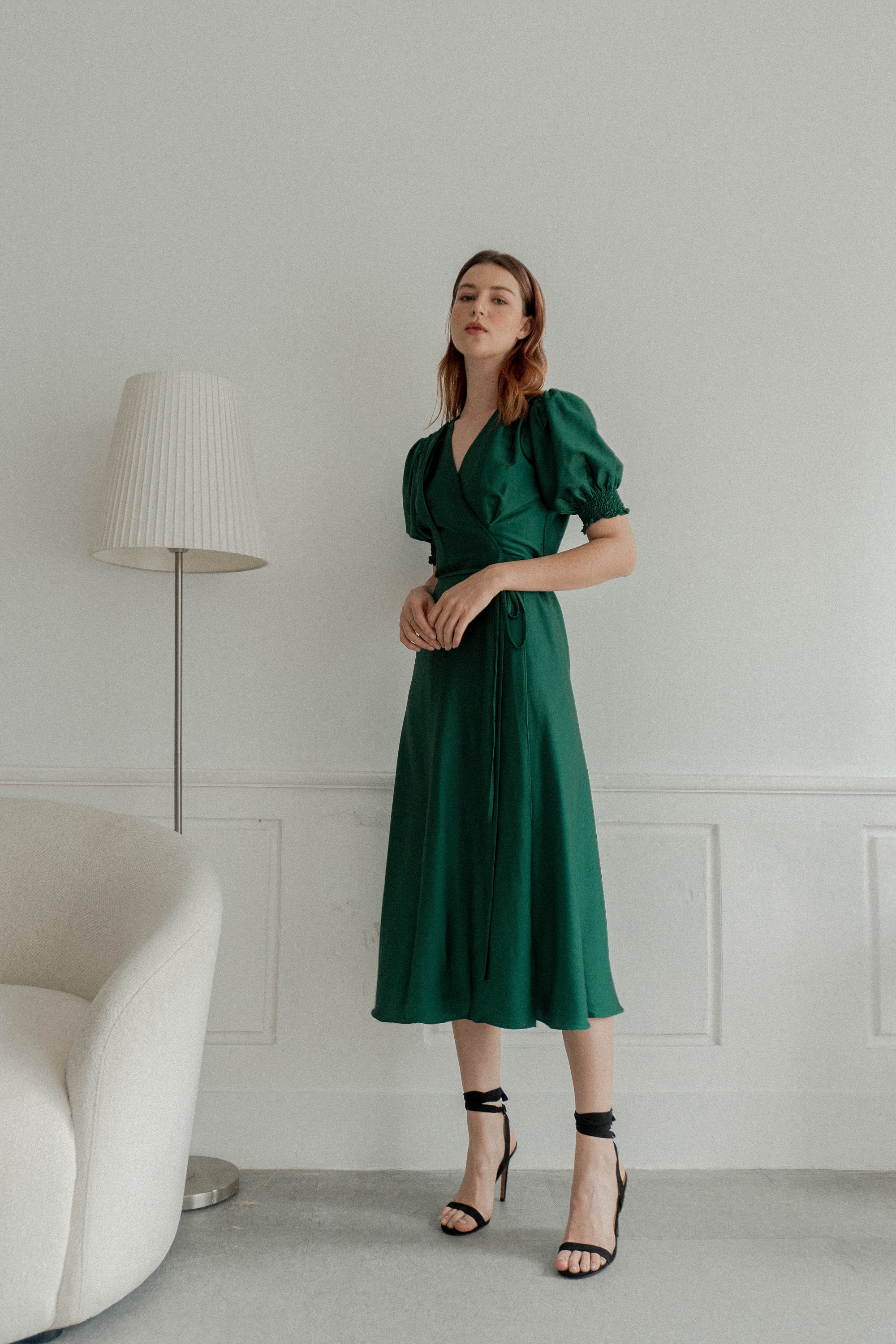 Gigi Emerald Green Wrap Dress / Midi Satin Dress / Puff Sleeves Tea Length