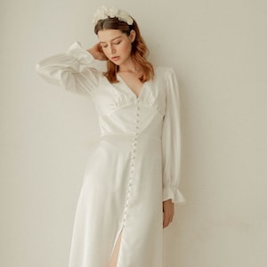 Caroline Cream White Long Sleeves Dress / Floor length Satin Dress / Button detail Simple Wedding Dress image 6