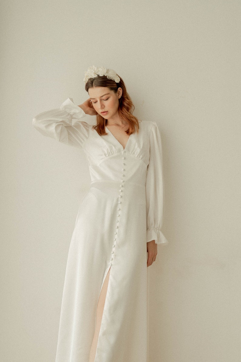 Caroline Cream White Long Sleeves Dress / Floor length Satin Dress / Button detail Simple Wedding Dress image 6