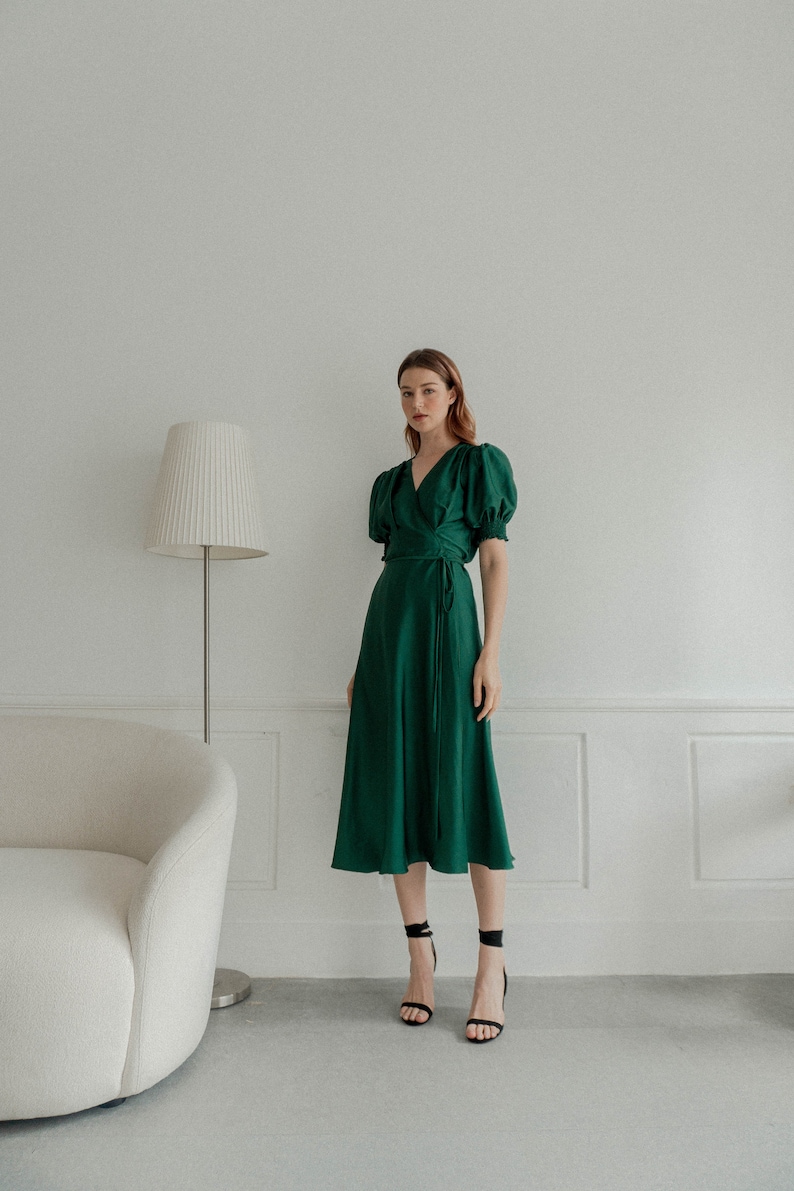 On High Demand Emerald Green Satin Bouffant Sleeves Wrap Dress