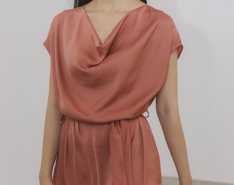 Lana Cowl Neck top - Simple Silk Blouse - Coral Silk Blouse -Minimalist Top