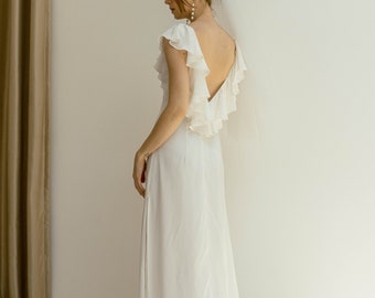 Venus Ruffle Collar Floor Length Dress / Simple Wedding Satin Dress