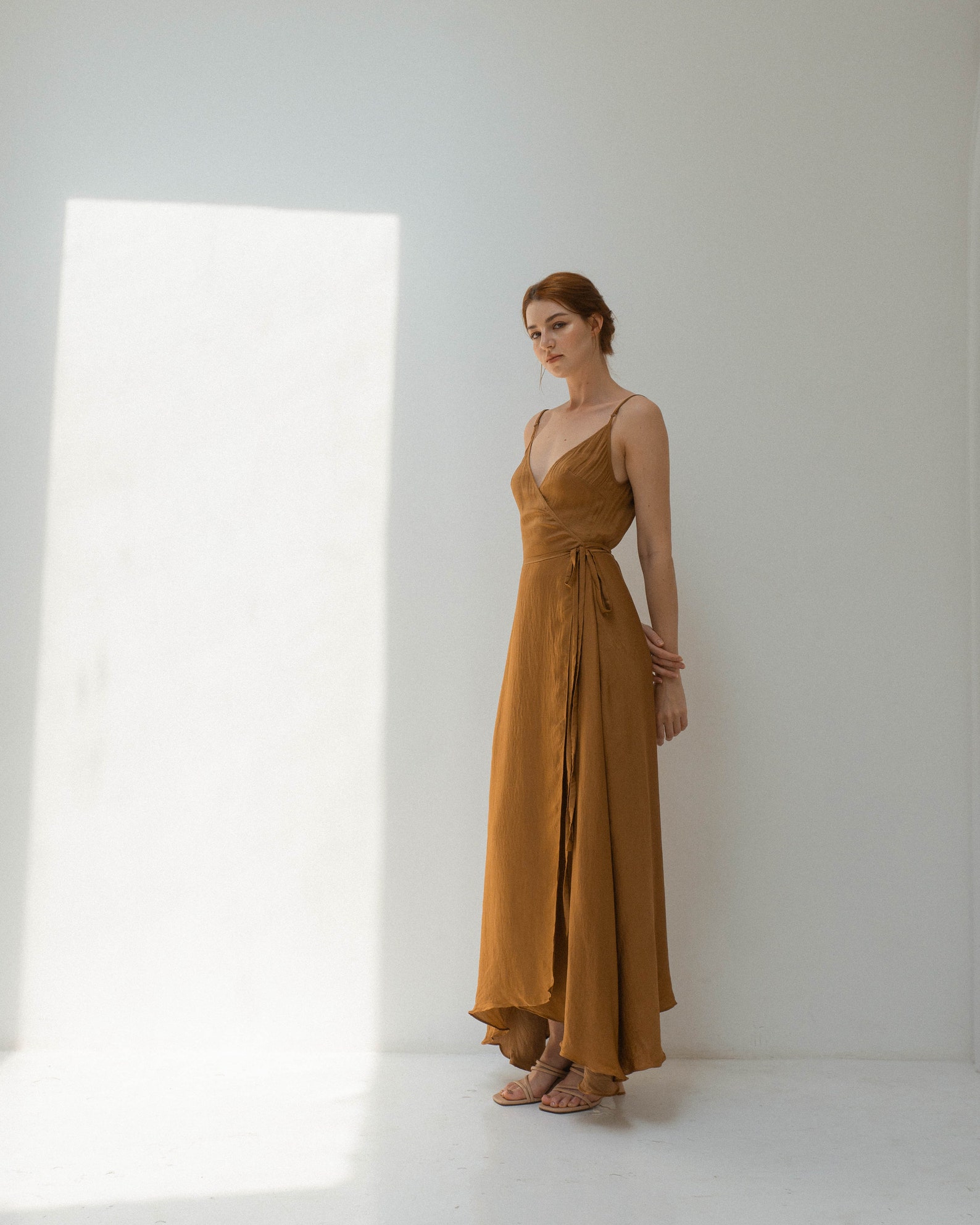 Copper Wrap Dress with Pockets Long Sleeves A Line Fitted Waist Dress