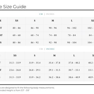 May include: Size chart for clothing in both inches and centimeters. The chart shows measurements for bust, waist, and hips for sizes XS, S, M, L, and XL.