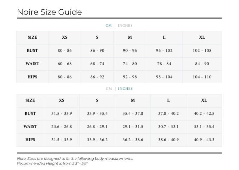 May include: Size chart for clothing in both inches and centimeters. The chart shows measurements for bust, waist, and hips for sizes XS, S, M, L, and XL.