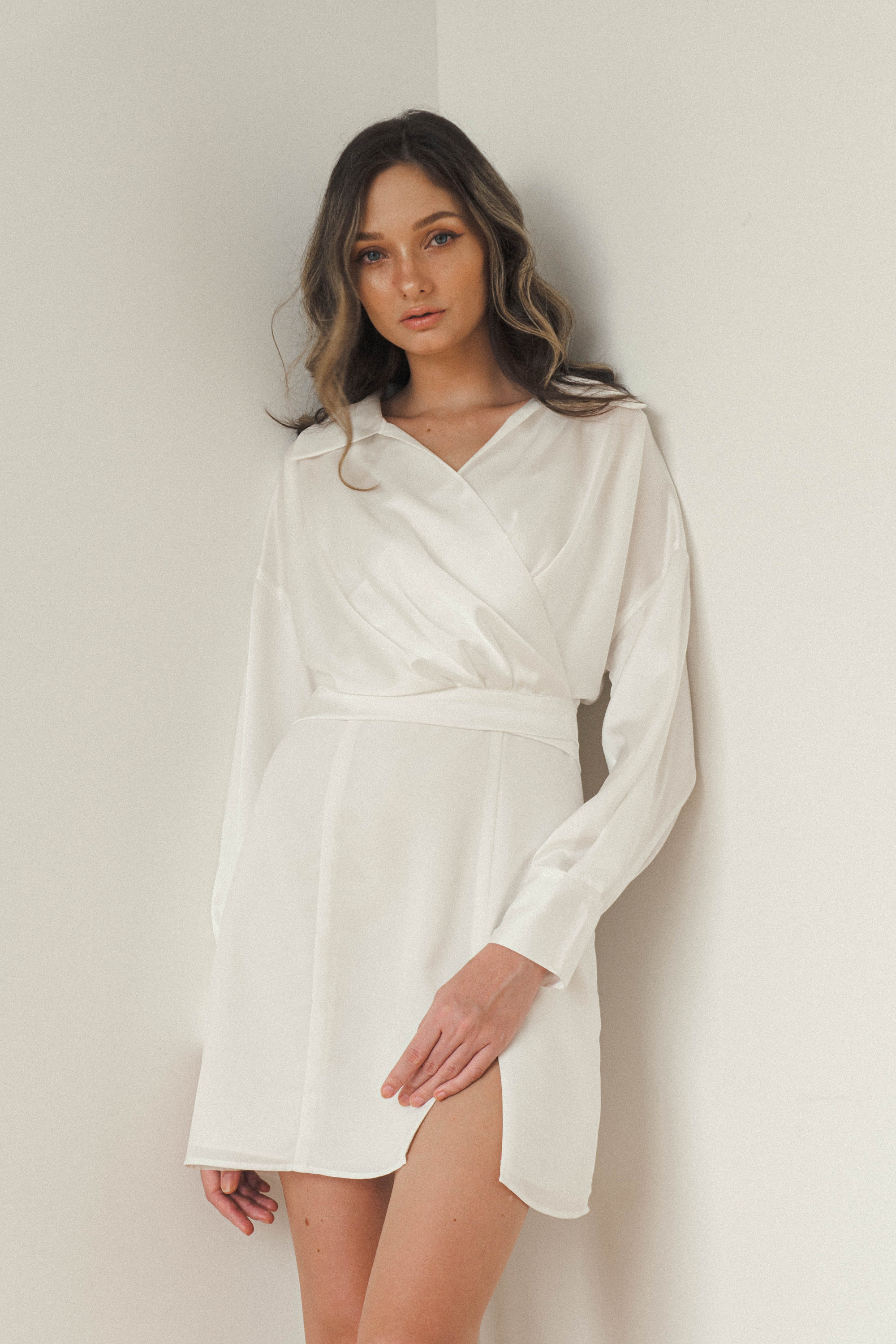 Queenie Silk Satin Wrap Top / White 