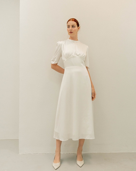 Cardi Tea length Dress with Half Sleeves Detail High Neck Satin Midi Dress