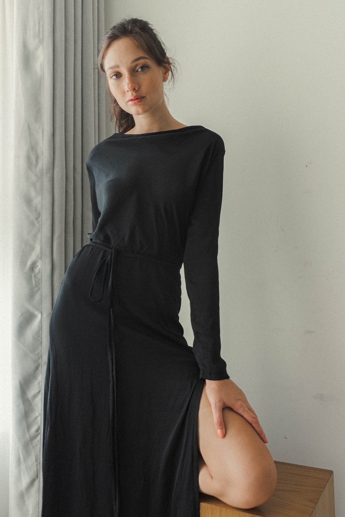 Esmée Long Sleeves Black Dress / Tea Length Slit Dress / Cowl Etsy