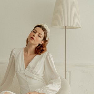 Caroline Cream White Long Sleeves Dress / Floor length Satin Dress / Button detail Simple Wedding Dress image 7